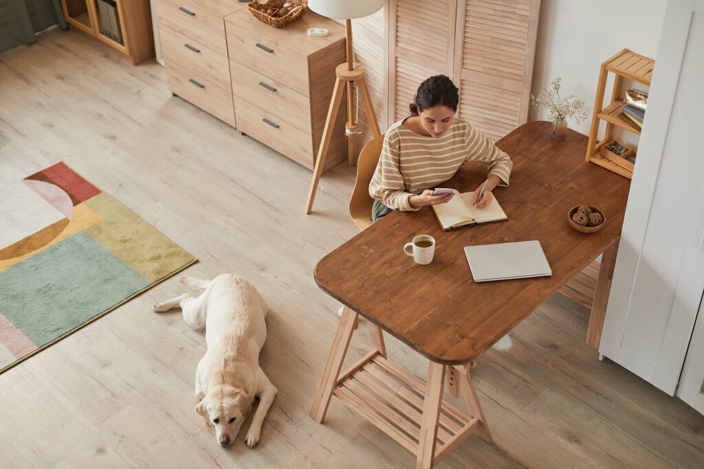 Young Woman Working at Cozy Home Office with Dog