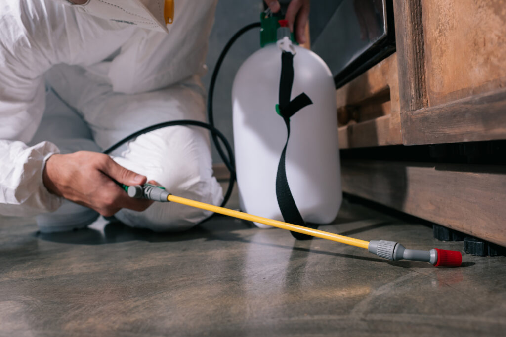 pest control worker spraying pesticides under cabinet